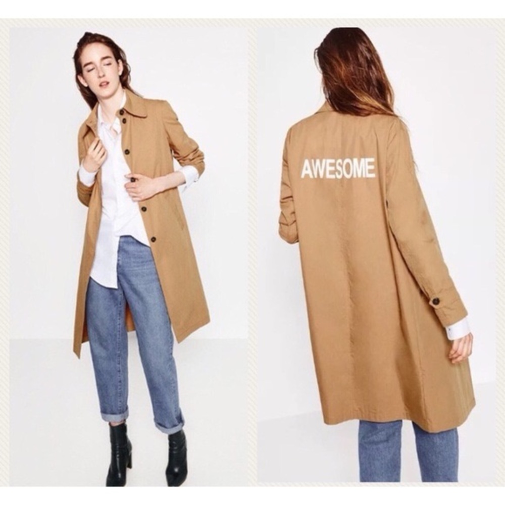 Zara Trench Coat with ‘AWESOME’ sign